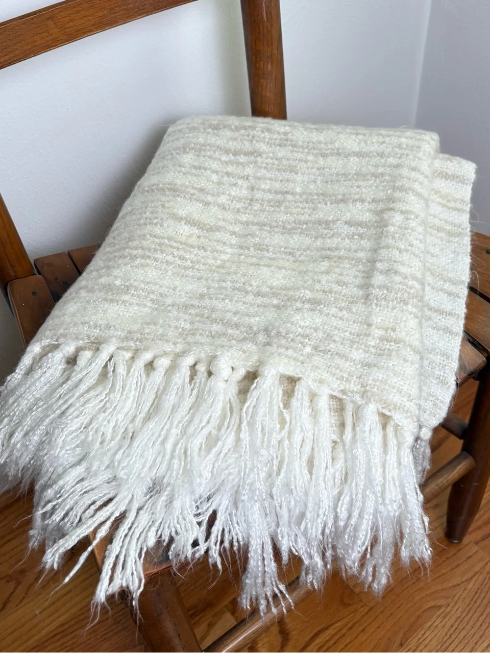 WEST ELM Cream Stripe Tassel Throw Blanket 44” x 56” Neutral Minimalist